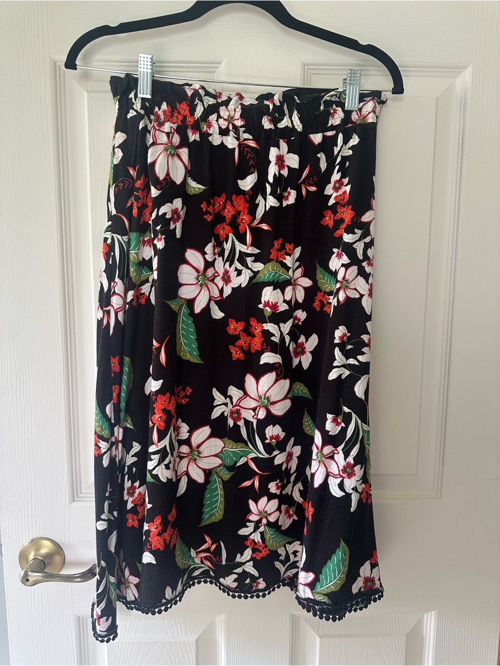 Floral Black Midi Skirt with Pom Hem